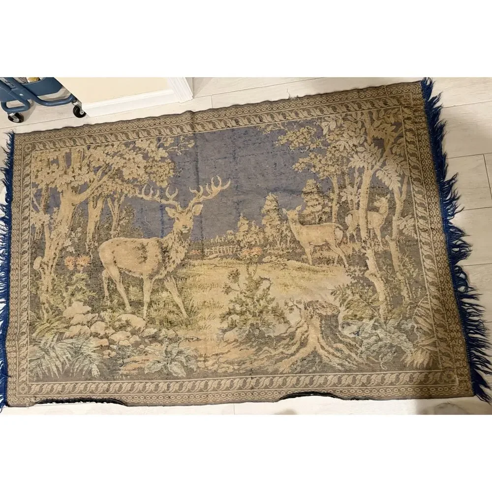 Vintage Velvet Forest Wood Scene Deer Blue Tapestry Wall Hanging